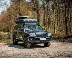 Front view of the roof tent packed down on the Land Cruiser