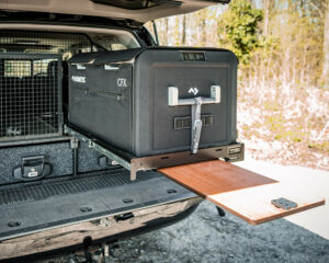 Pull out fridge and table in the Toyota Land Cruiser
