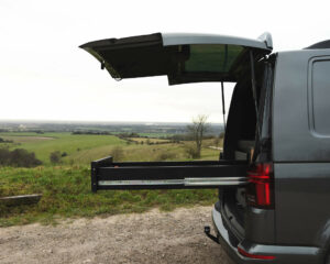 Full extension of VW Transporter storage drawer for camping