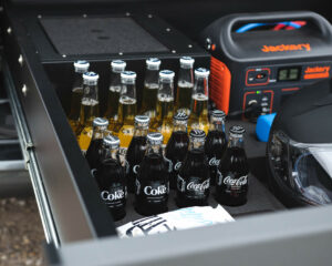 Food and drinks storage with fridge in a VW Transporter
