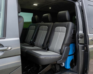 Rear seats in Volkswagen Transporter with two-tone grey leather and yellow contrast stitching